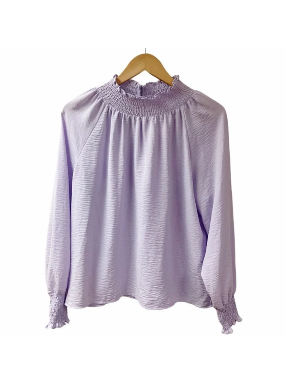 NEW Feminine Nine West Womens Smocked Blouse LARGE Pastel Lilac Peasant Office